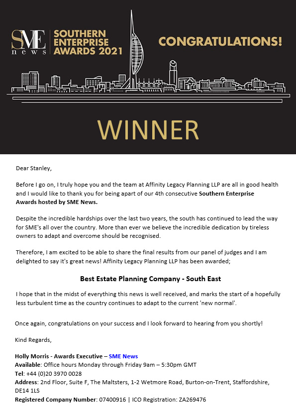 Award for Best Estate Planning Company 2021 - South East England